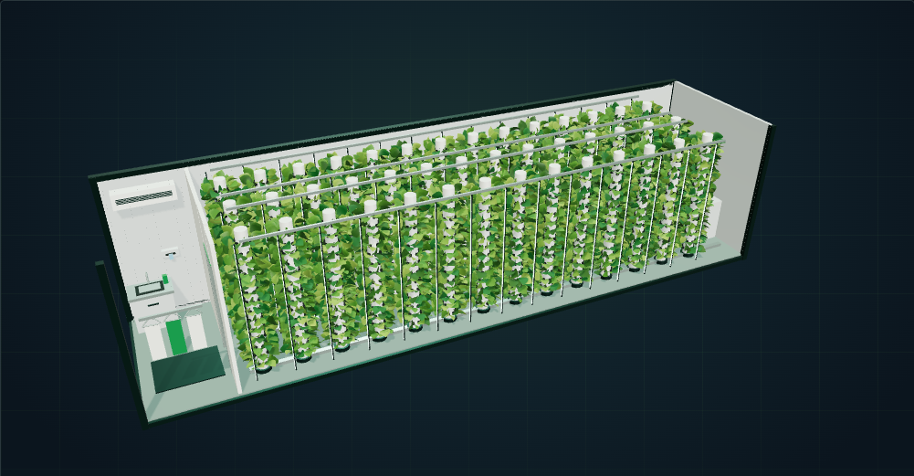 Illustrative container system with growing towers and a separate preparation area, shown in cutaway.